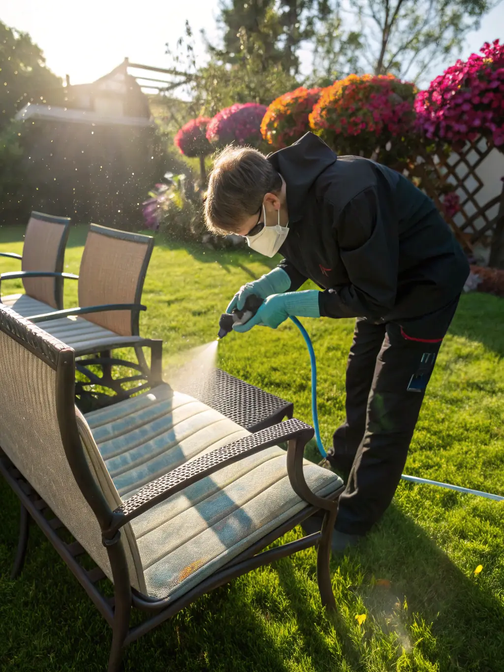Outdoor furniture being cleaned with specialized cleaning products, removing dirt and stains, and restoring the furniture's original appearance.