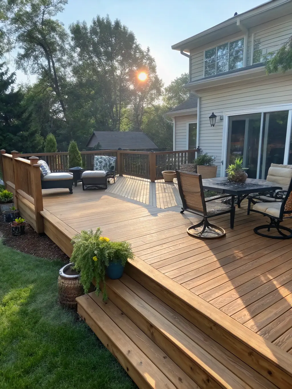 A well-maintained wooden deck with fresh stain, showcasing the natural wood grain and providing a comfortable outdoor living space.