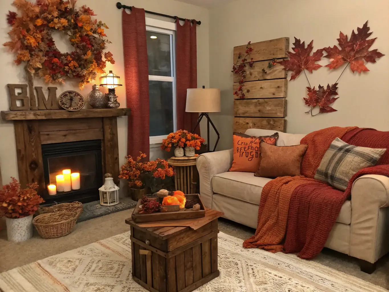 A cozy living room decorated for a fall harvest festival, showcasing R&A Stellar Services' event decorating expertise.