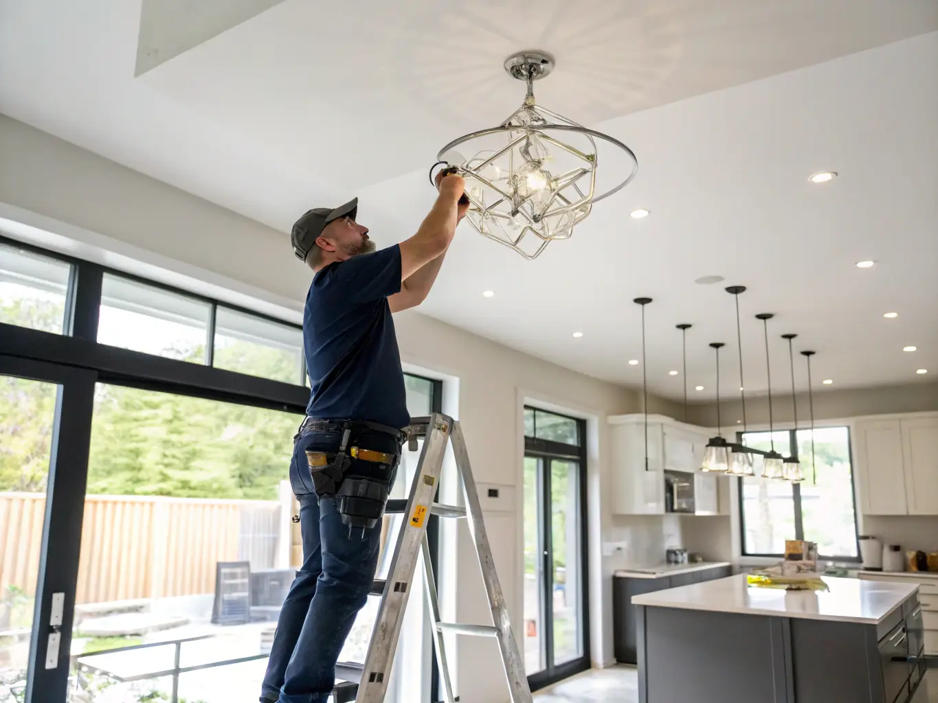 A handyman installs a modern ceiling fan in a bedroom, demonstrating the wiring and mounting process with safety equipment and tools.