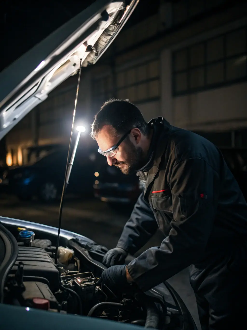 A mechanic using a diagnostic tool to check the engine of a car in the R&A Stellar Services garage, focusing on identifying the cause of a bad engine light.