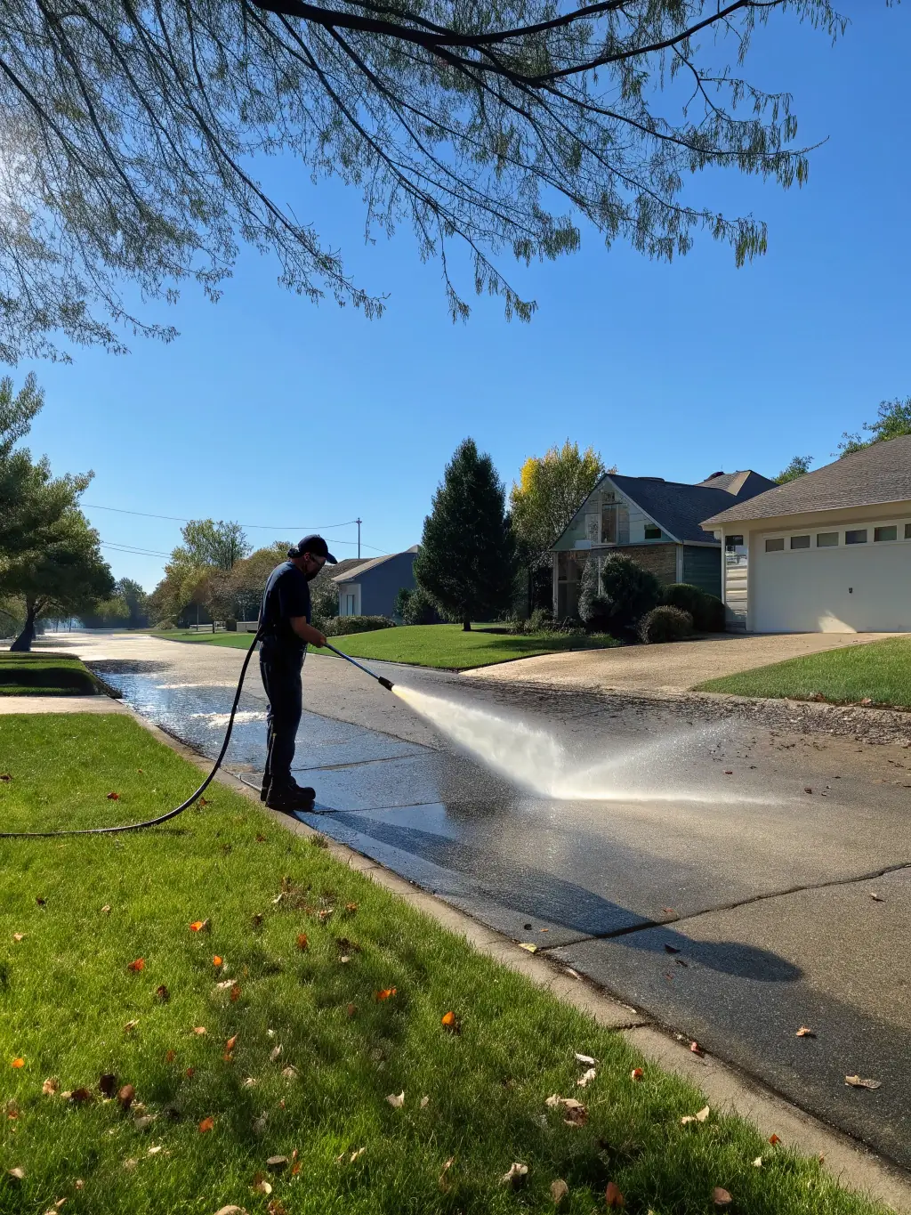 A high-pressure water stream cleaning a dirty driveway, showcasing the immediate impact of R&A Stellar Services' pressure washing.