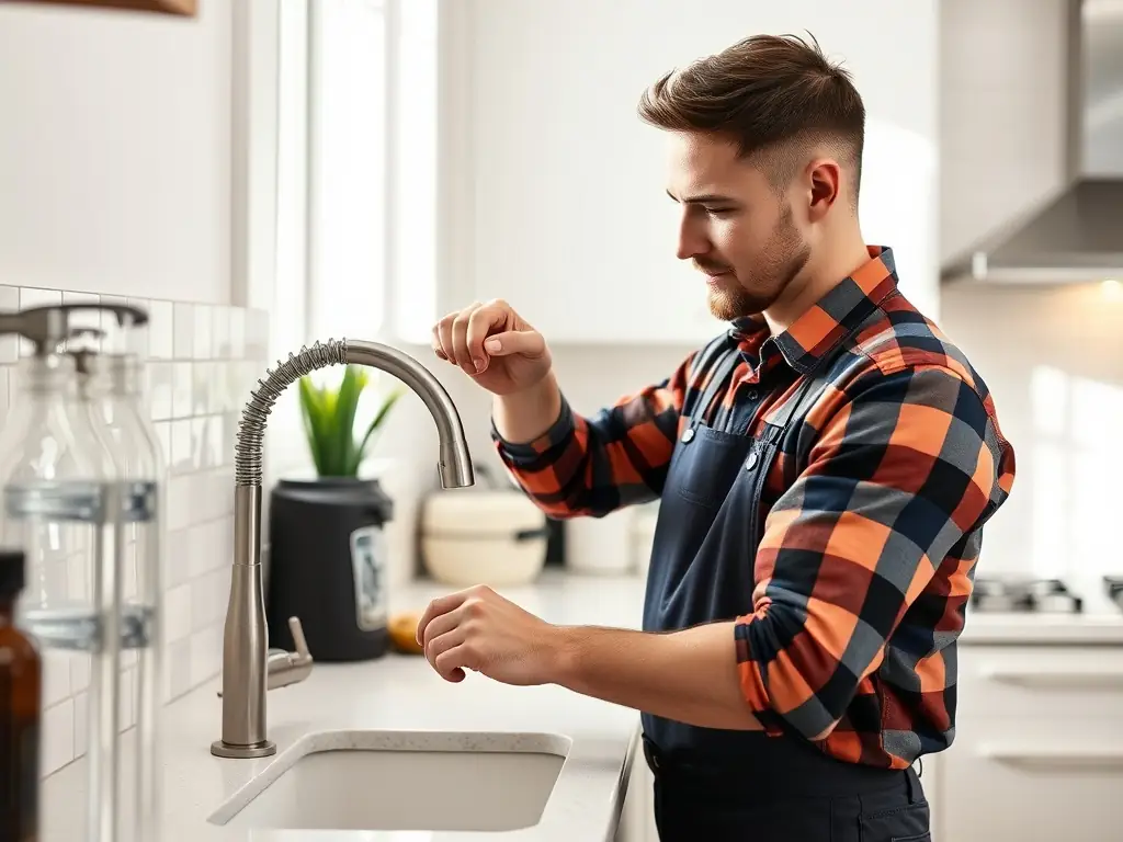 A handyman replaces a damaged kitchen faucet, showing the plumbing connections and ensuring a leak-free installation with professional tools.
