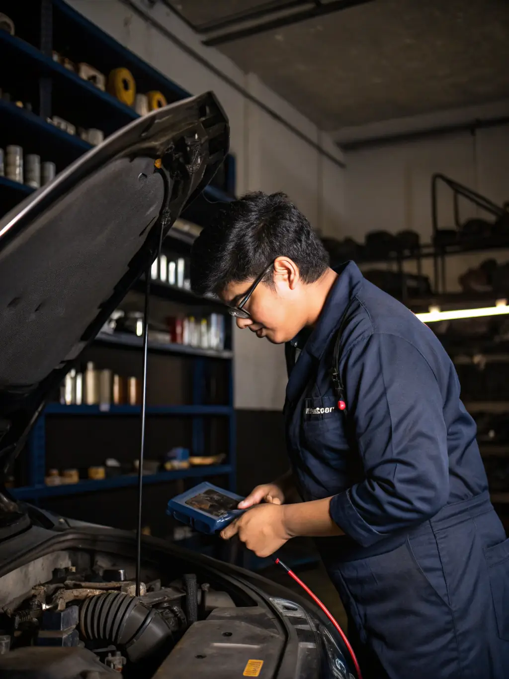 Technician performing a battery check on a car, using diagnostic equipment to assess the battery's health and performance.