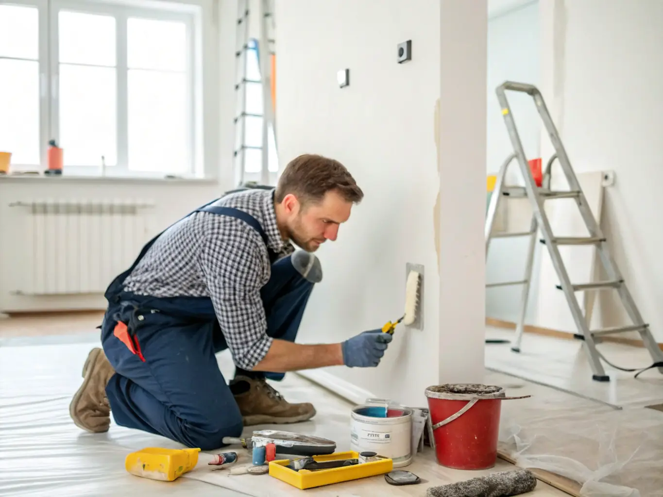 A handyman expertly repairs a drywall hole in a residential living room, showcasing the patching and painting process with precision tools and materials.