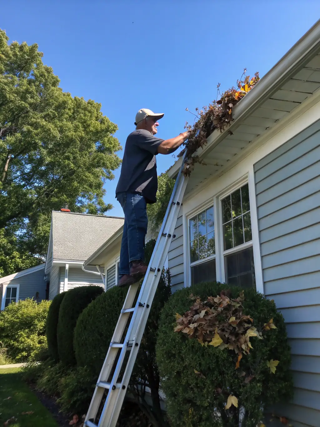 A technician cleaning leaves and debris from a home's gutters, demonstrating R&A Stellar Services' gutter cleaning service.