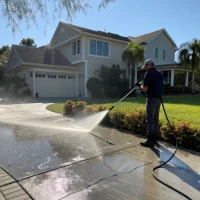 A high-pressure water stream cleaning a heavily soiled driveway, removing dirt and grime, with a clear contrast between the cleaned and uncleaned areas.